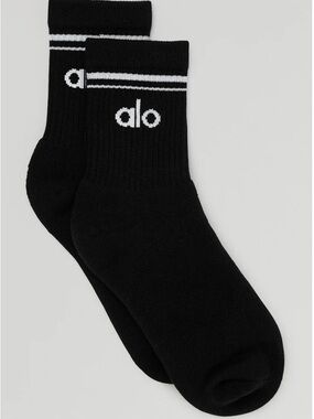 ALO Yoga Black Crew Athletic Socks with White Stripe and Logo